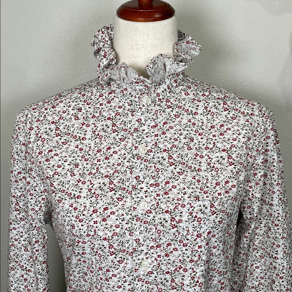 Upcycled Repurposed White Floral Ruffle Collar Button Up Shirt Preppy Size Small - Picture 8 of 15
